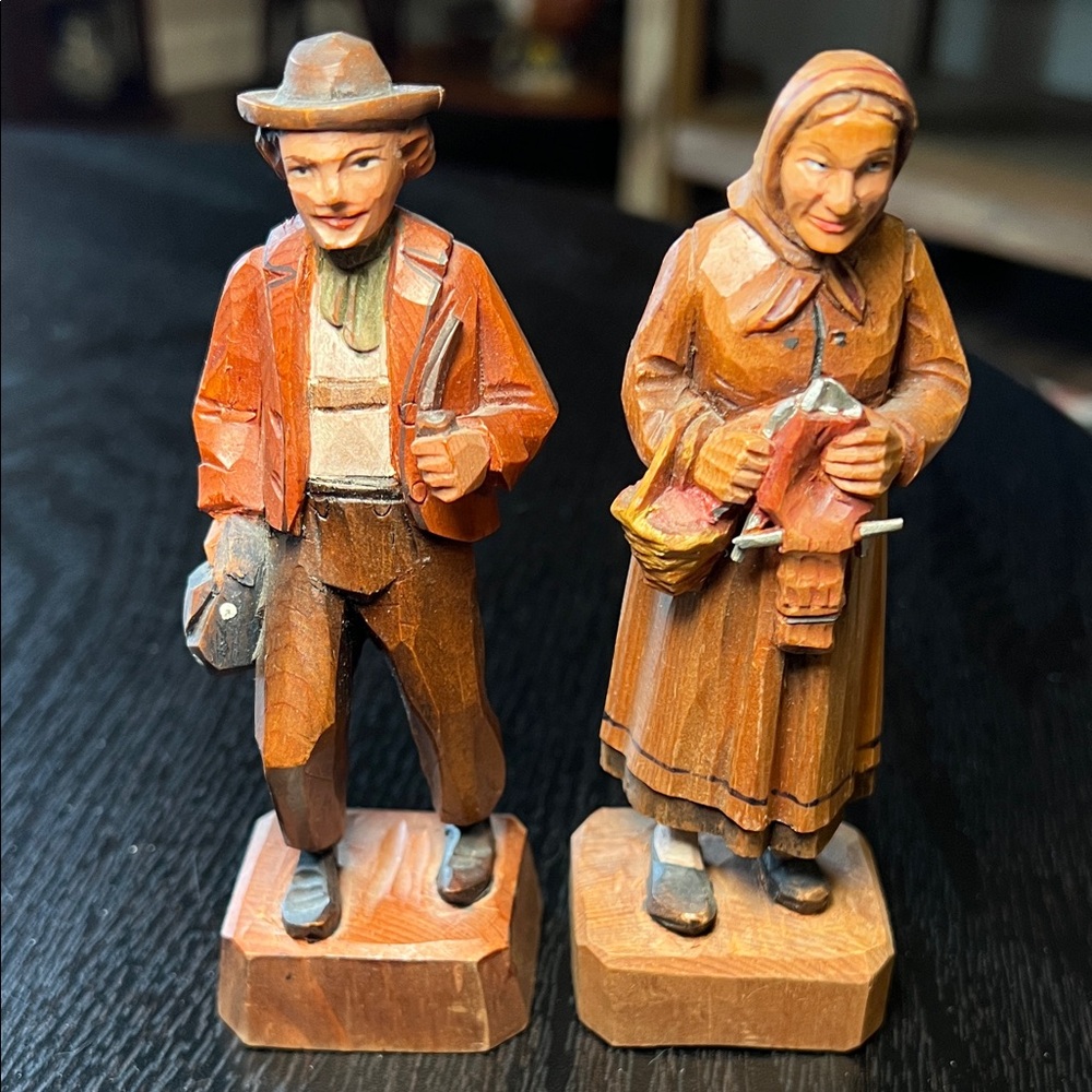 Vintage Anri Folk Art Handcarved Wood Woman and Man Figurines